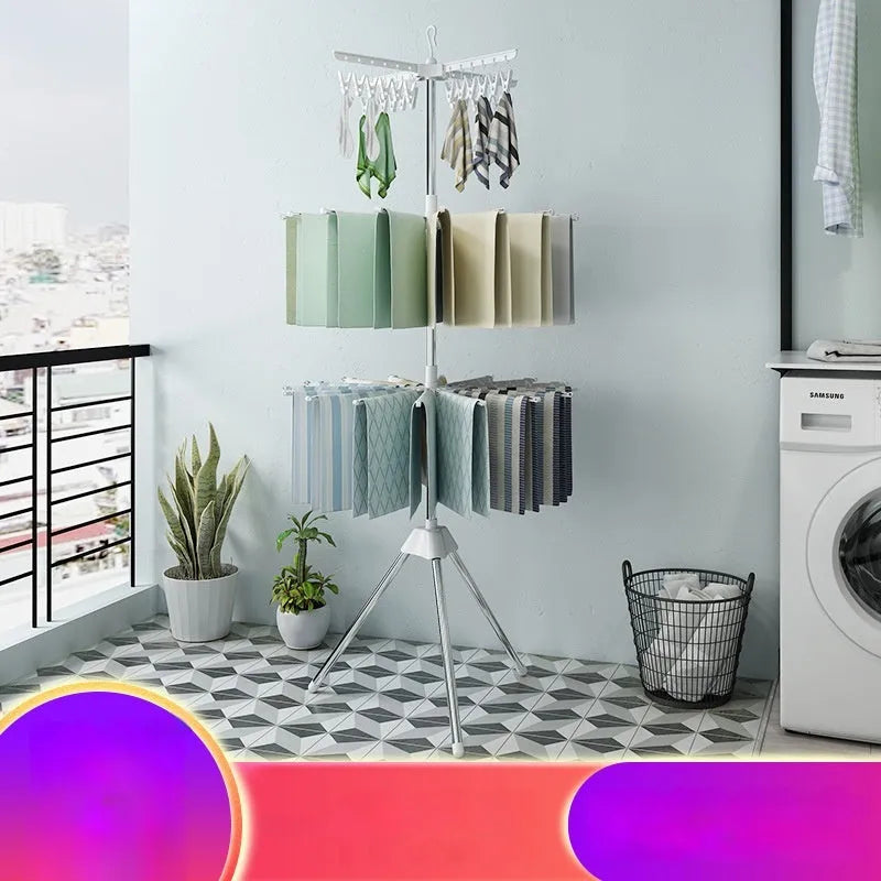 Three-layer stainless steel mobile drying rack with plastic clips for socks, ties and clothes hangers