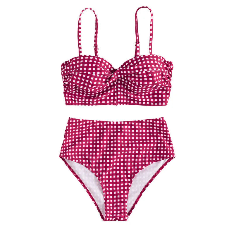 Women's high waist bikini swimsuit in plaid design with separate top and briefs