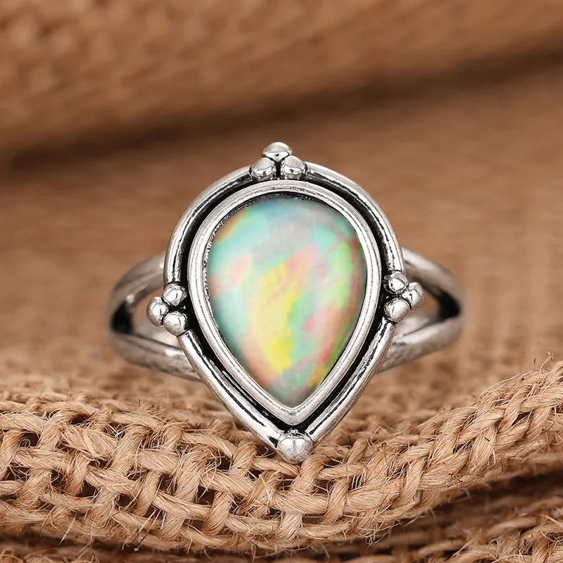 Women's antique style copper ring with water drop and geometric design, available in T0969 Red Blue and T0970 colour, sizes No.6 to No.10.