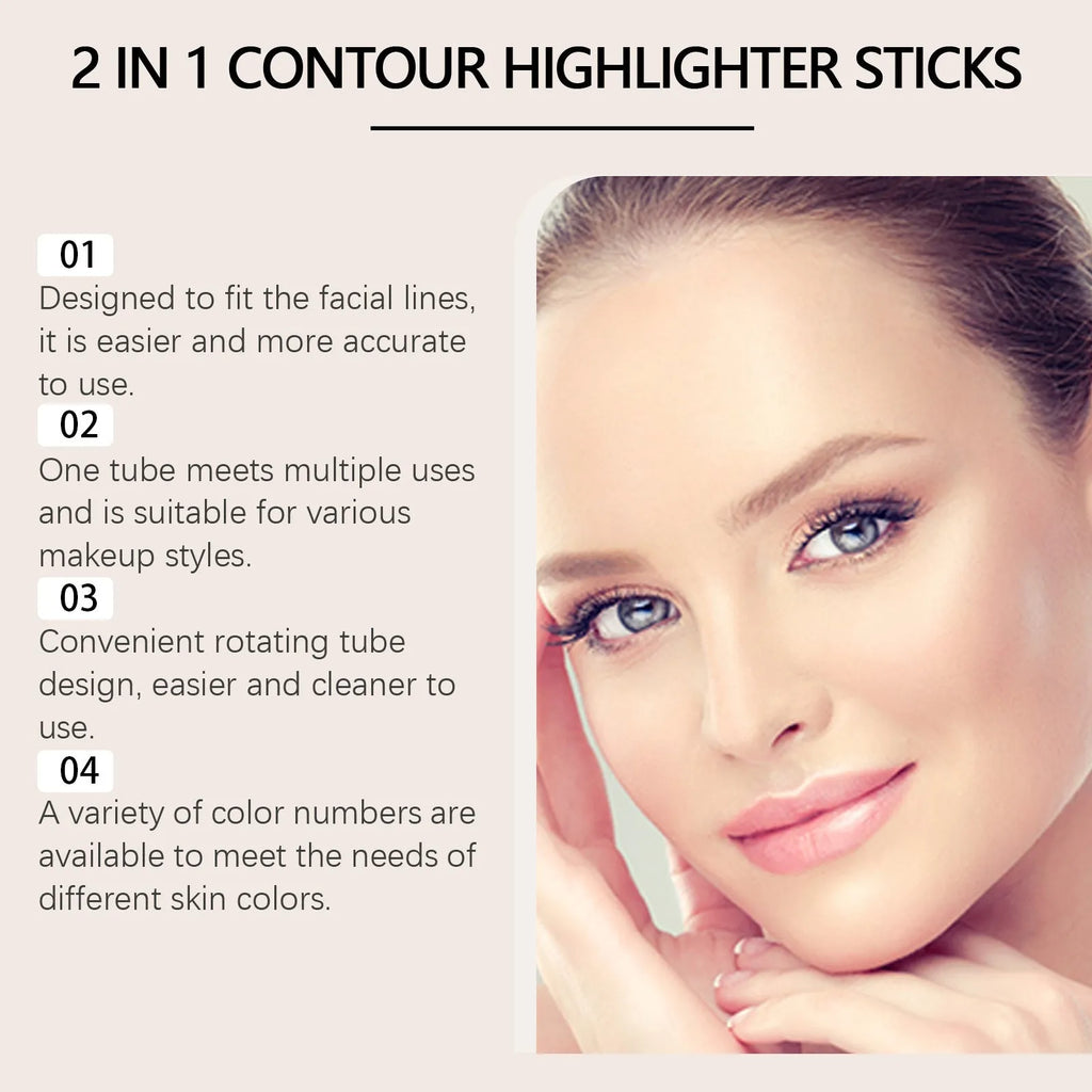 Dual-ended 2-in-1 highlighter pencil for eyebrows and eyeliner in three natural shades.