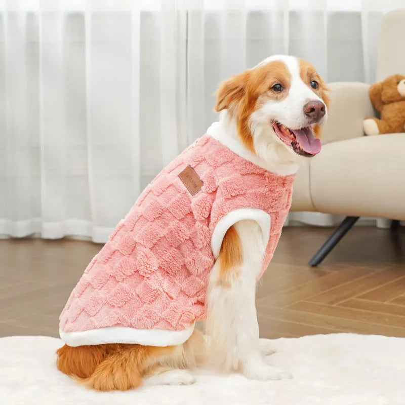 Pet autumn winter cotton clothes coral fleece jacket in brown square grid with leather tag, side view