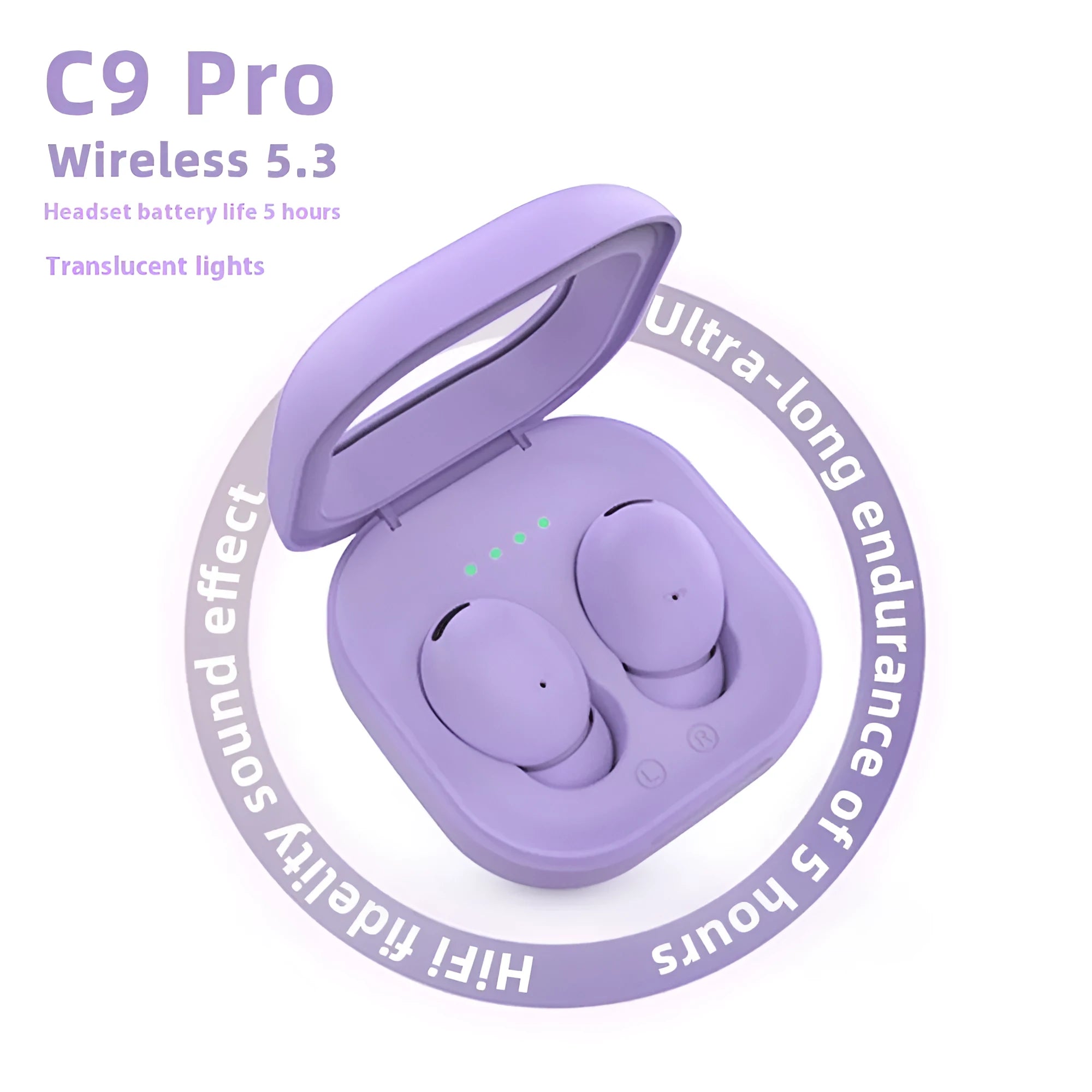 C9 Pro Bluetooth headset with translucent charging bin in a colour option