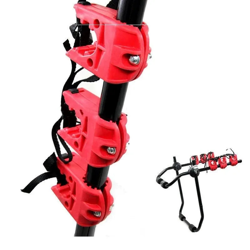 Black and red trunk mounted bike rack for cars with tie rope and pull belt fastening options.
