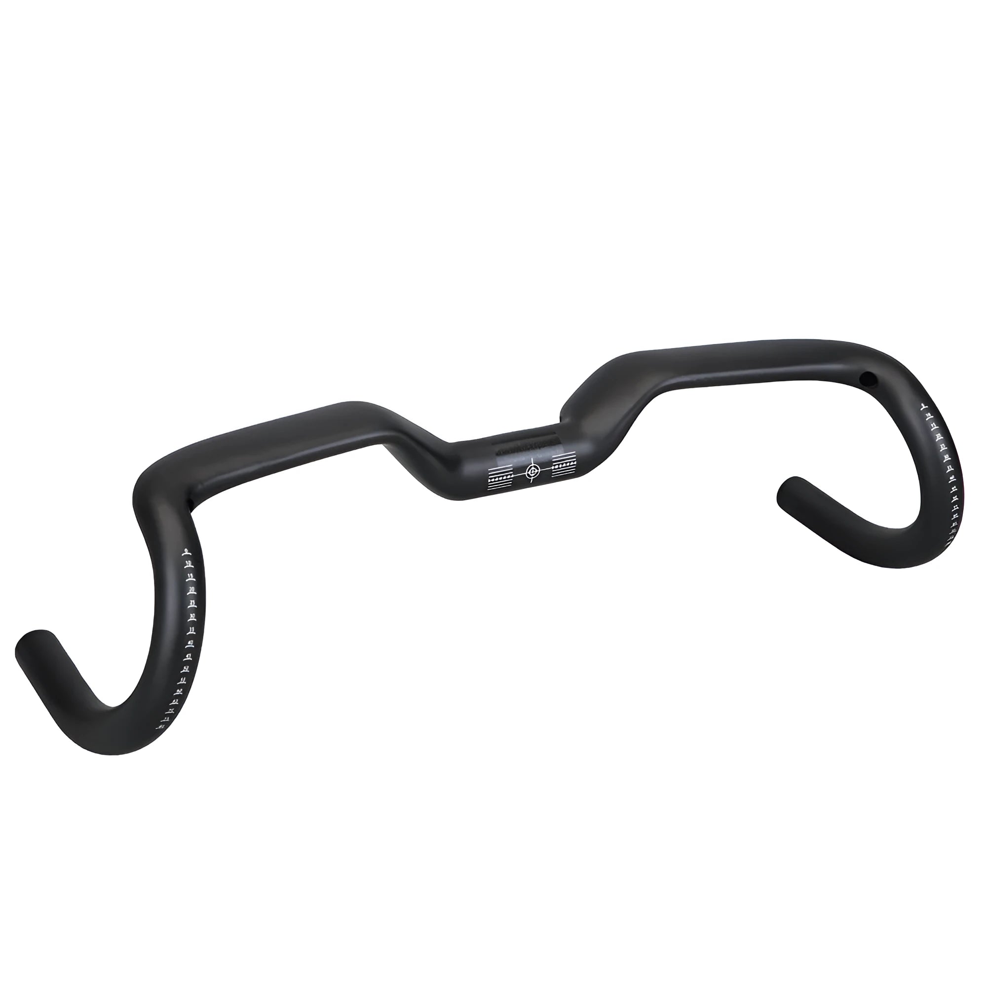 Black carbon fibre road bicycle handlebars showing large swing angle design