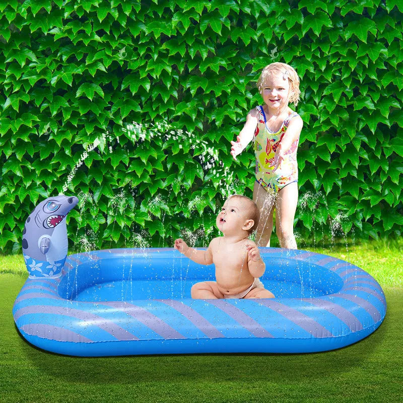 Blue dinosaur inflatable water spray pool with shark design play mat and spray toys