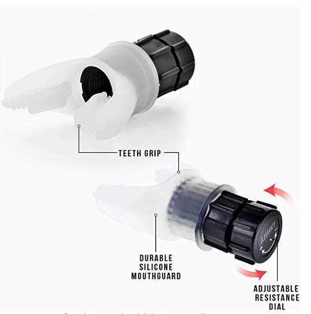 Breathing trainer respirator in white and black with silicone mouthpiece and adjustable resistance dial