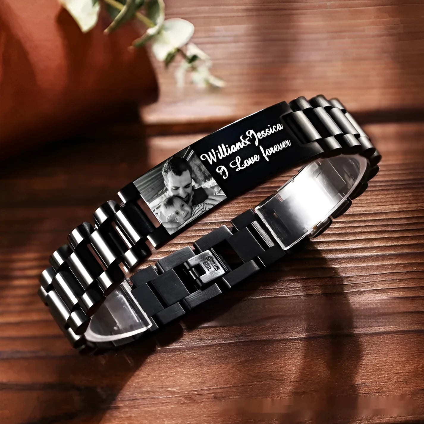 Titanium steel men's bracelet with heart-shaped curved pieces featuring electroplated lettering in black or grey