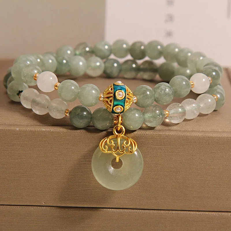 Women's aventurine double-layer jade bracelet with safety buckle closure in emerald green