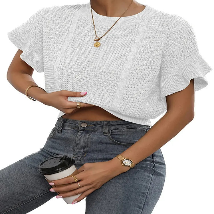 Loose fit knitted pullover sweater with ruffled short sleeves in Japanese Korean casual style
