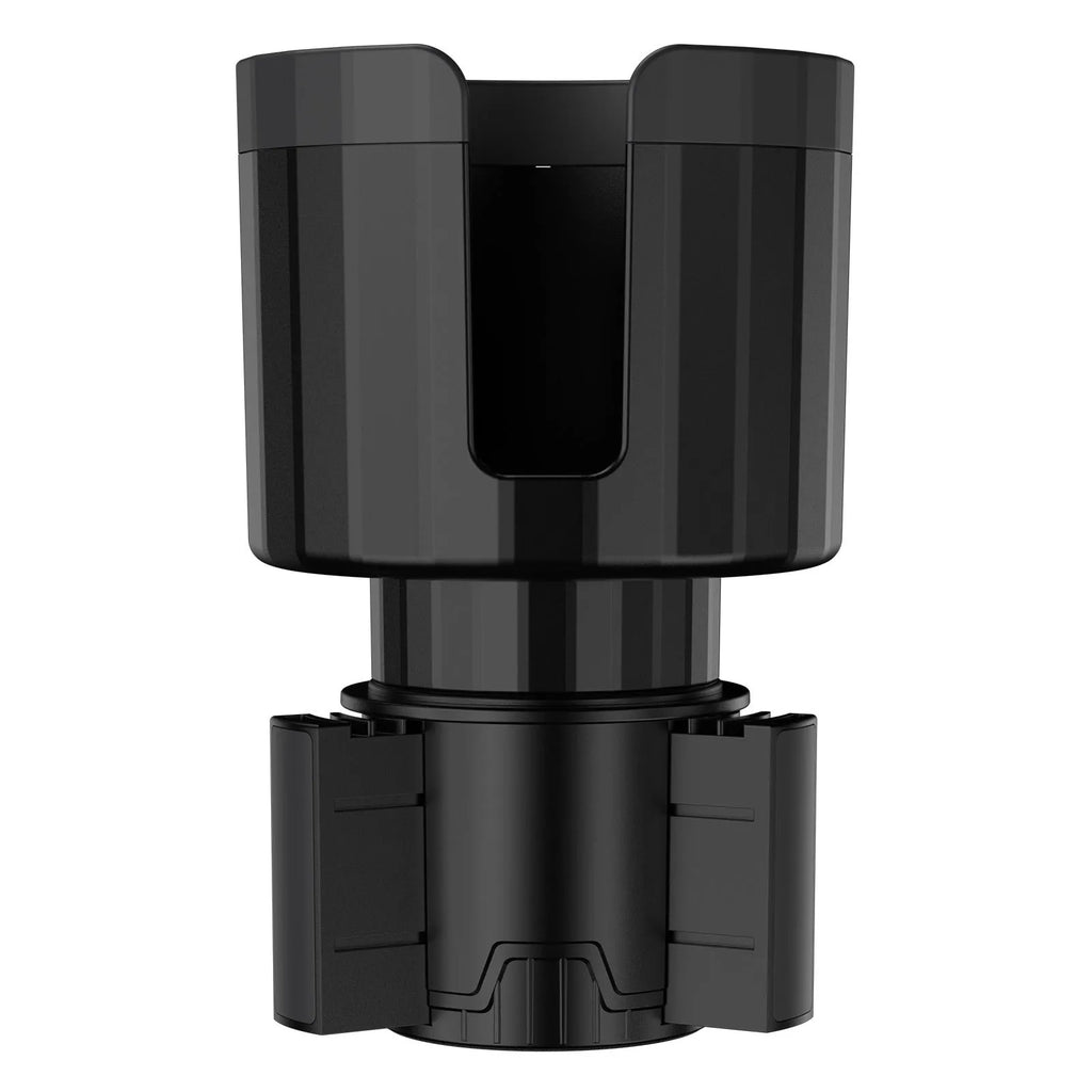 Matte black car cup holder expander with adjustable base for oversized bottles