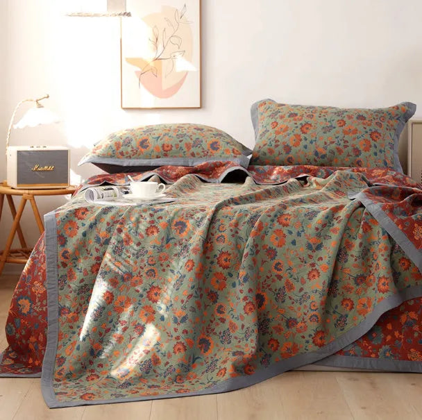 Cotton gauze bed blanket and pillowcase set with botanical plant and flower pattern design
