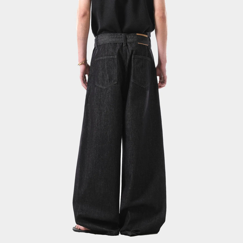 Black high waist straight leg jeans with zip fly on mannequin