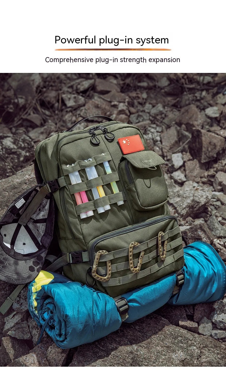 Army green tactical backpack with 17-inch height shown outdoors, highlighting its wear-resistant nylon construction.