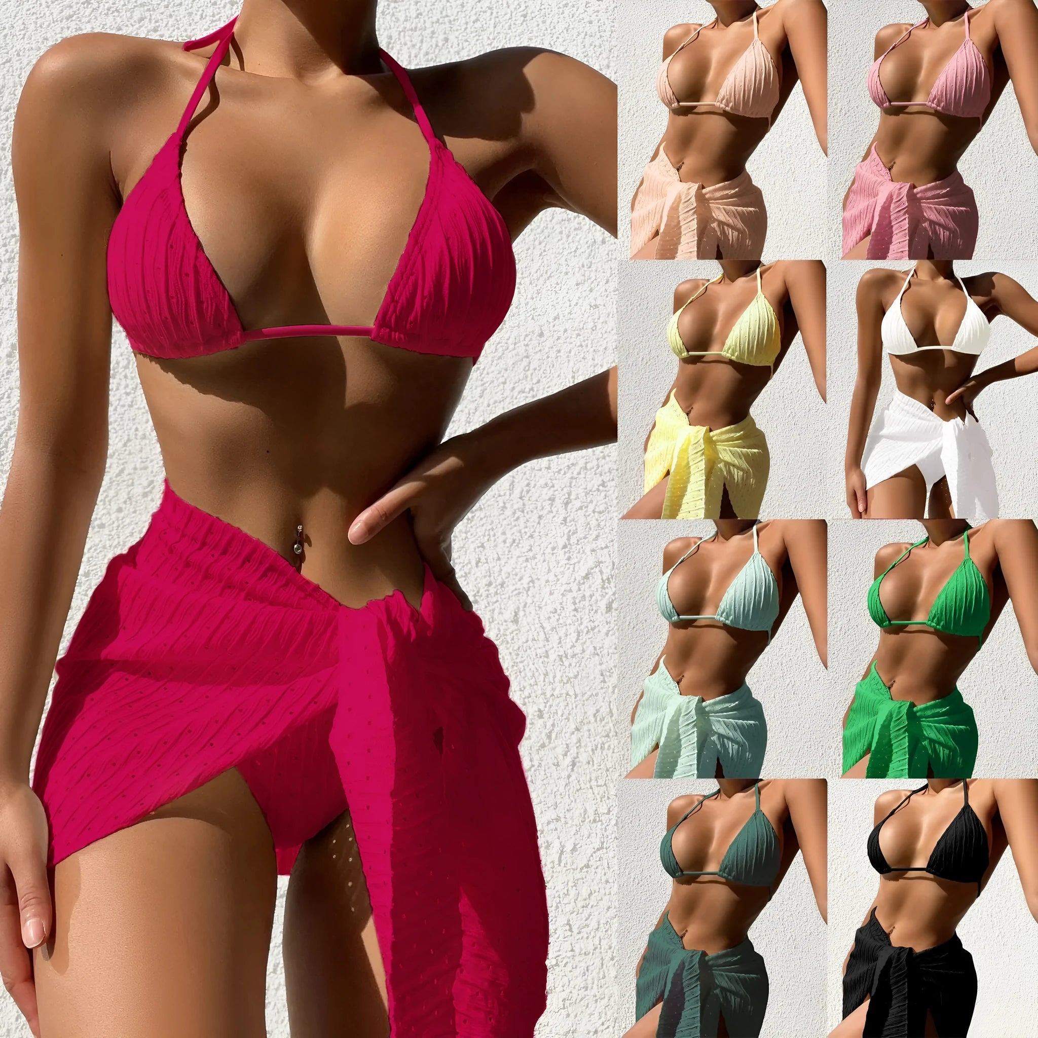 Women's halterneck swimsuit set with mesh skirt in solid colour backless bikini design