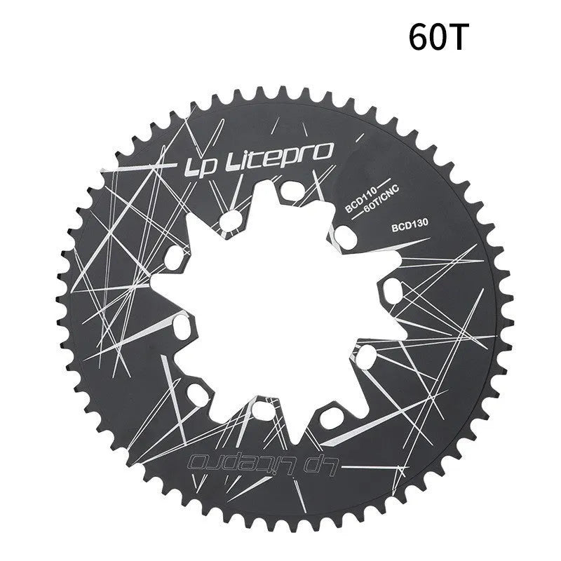Silver aluminium alloy oval bicycle chainring with CNC machining marks on a white background