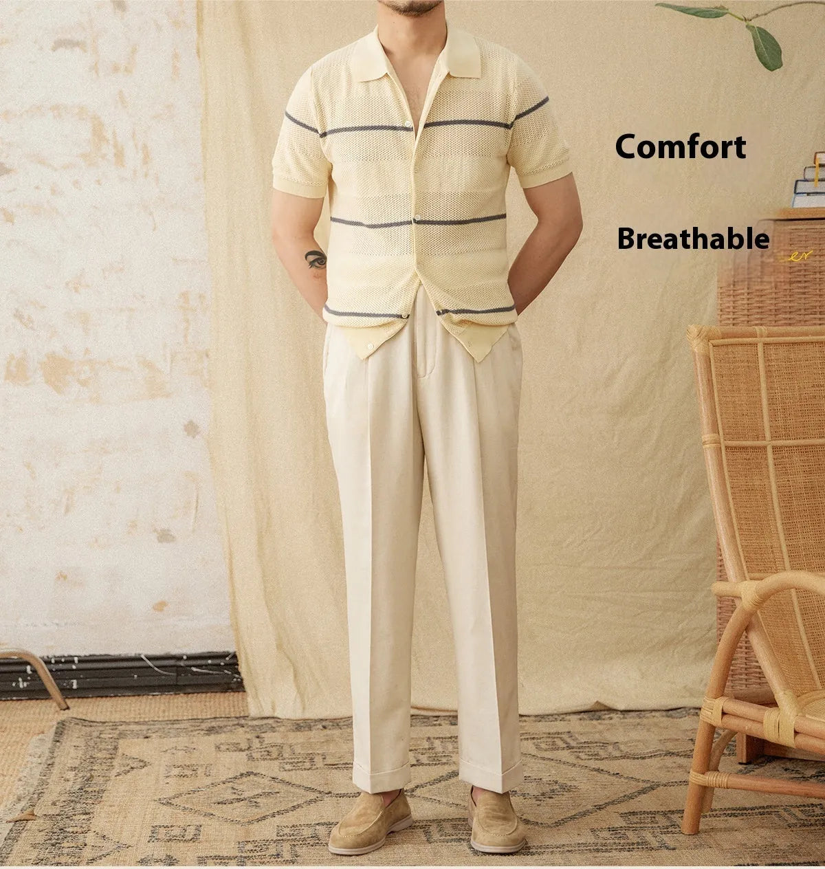 Men's camel coloured lapel collar cardigan with short sleeves made from cotton linen blend fabric