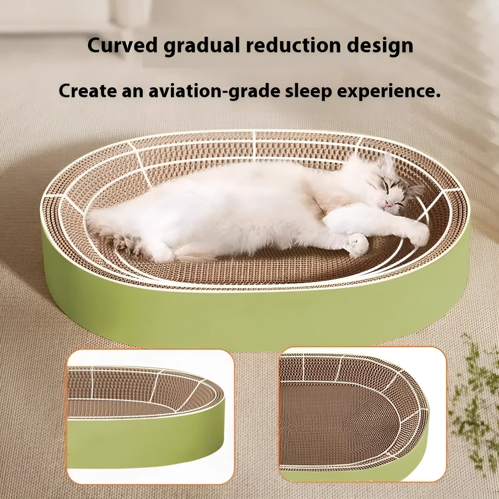 Green oval corrugated paper cat scratch board with a hollow centre forming a nest.