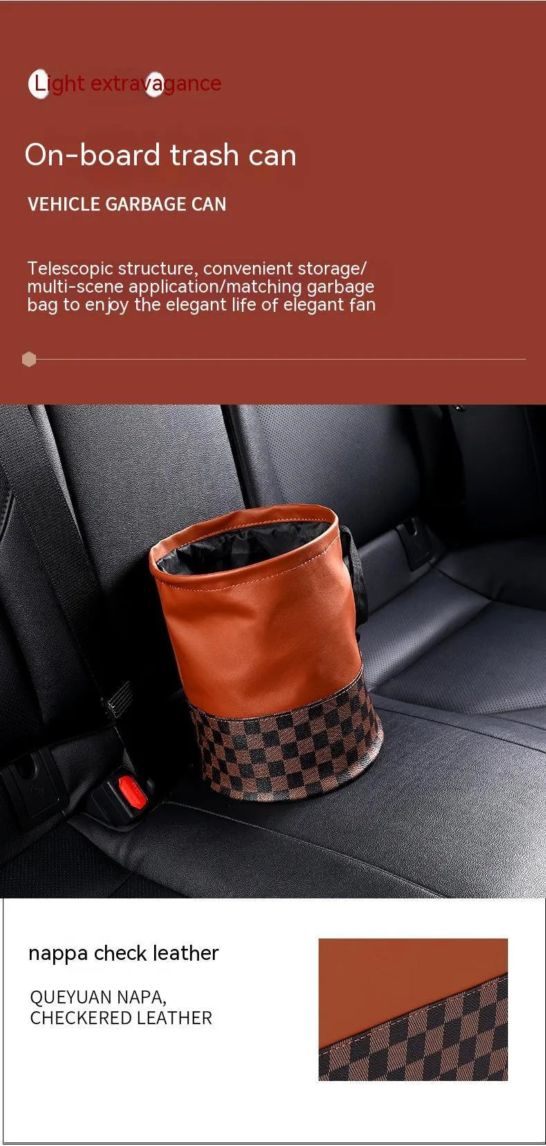 Black retractable leather car trash can with folding design and carry handle