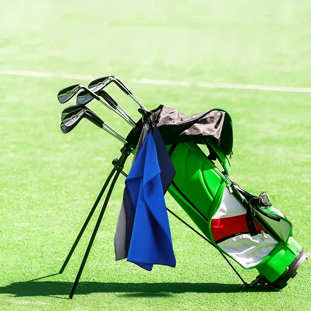 Waffle weave golf ball and club cleaning towel in blue colour showing textured surface