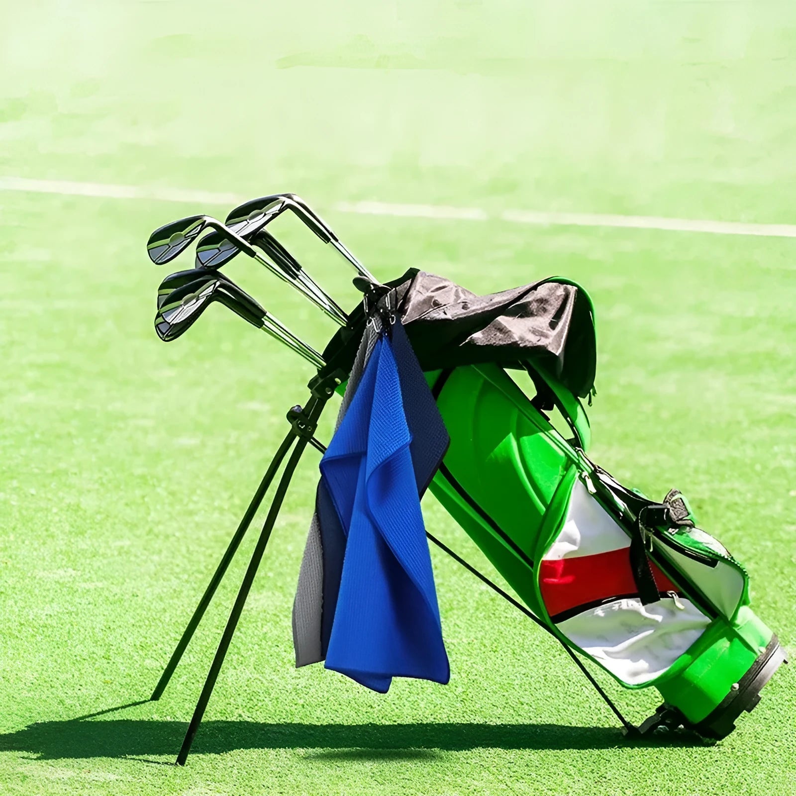 Waffle weave golf ball and club cleaning towel in blue colour showing textured surface