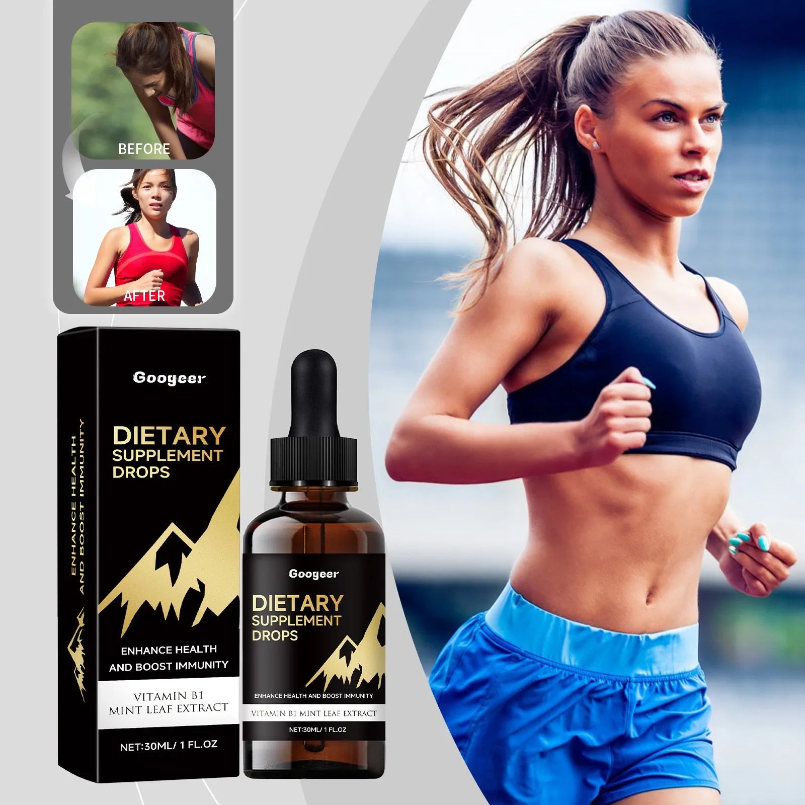 30ml amber glass bottle of Liquidex dietary supplement drops with a calibrated dropper on a white background.
