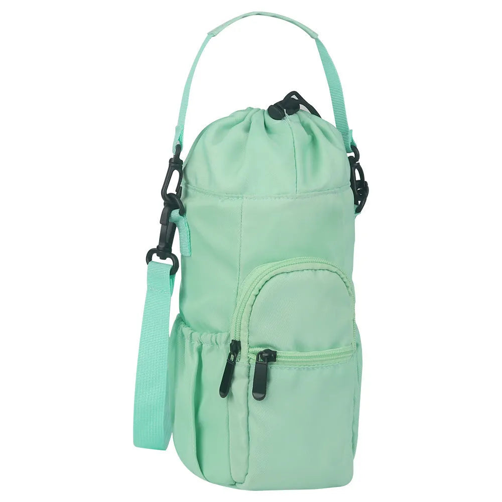 Cloth water bottle shoulder pouch in black, green, or pink with adjustable strap.
