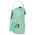 Cloth water bottle shoulder pouch in black, green, or pink with adjustable strap.