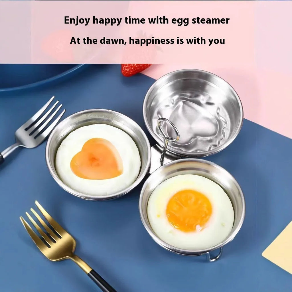Mini stainless steel egg steamer showing both round and heart-shaped design options on a kitchen counter.