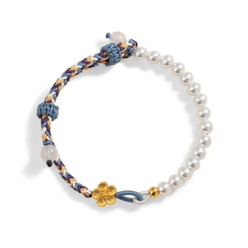 Peach coloured adjustable bracelet with chalcedony beads and Chinese flower weaving in sterling silver