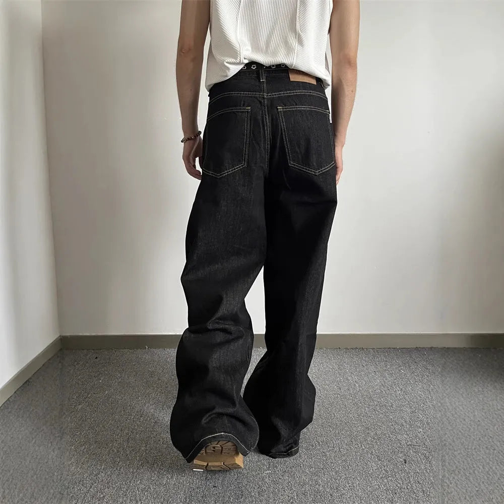 Black retro loose wide-leg jeans with straight-leg design and zip placket