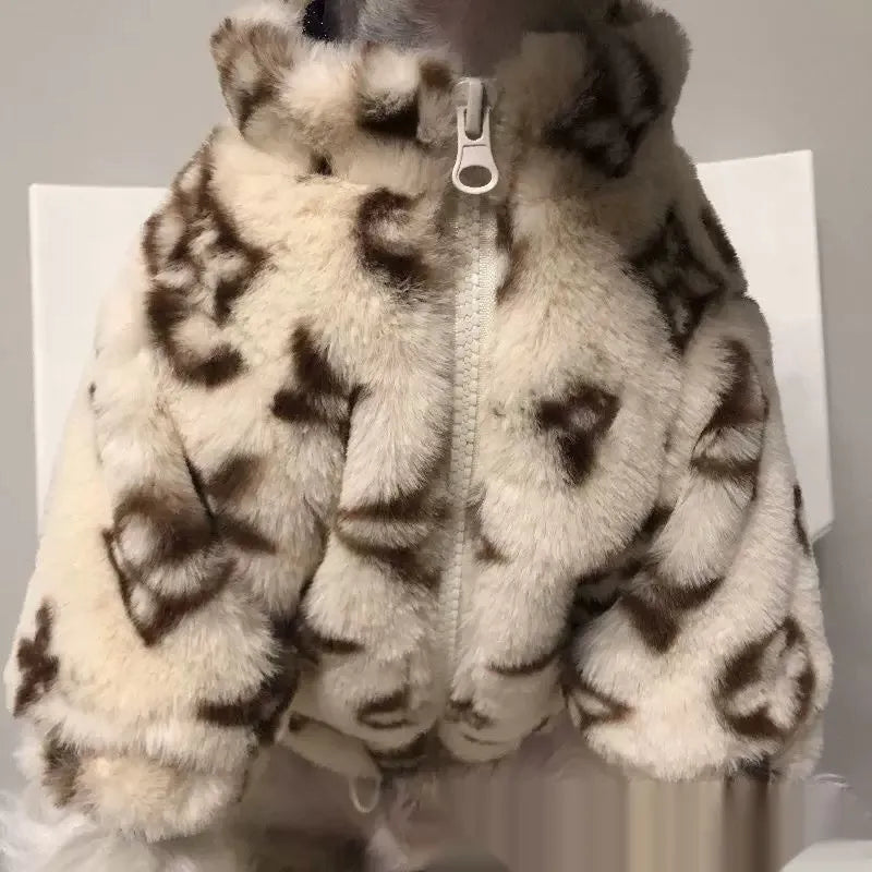 Dog wearing autumn winter polyester smoked fur coat in LV presbyopic fur colour, British style, available in sizes XS-XL