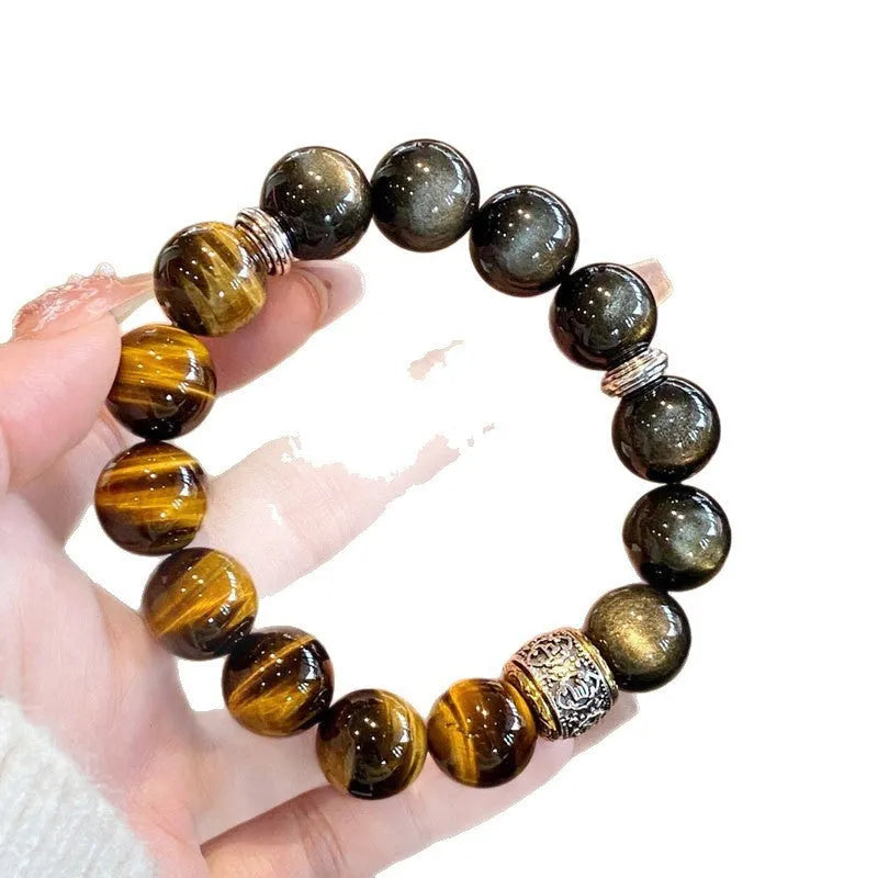 Women's double wrap tigereye silver bracelet with gold inlay decorative patterns