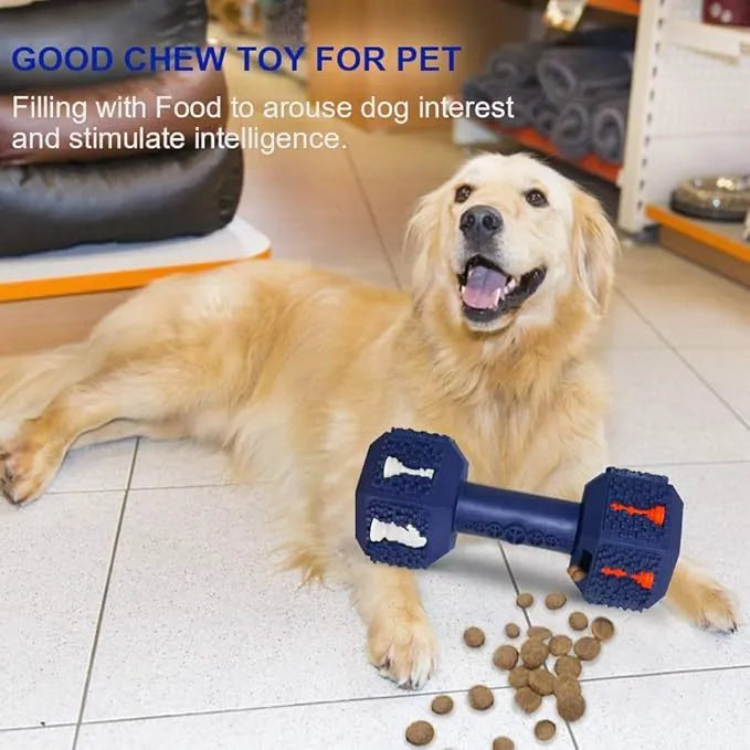 Durable black and blue rubber dumbbell dog chew toy for aggressive chewers on a white background.