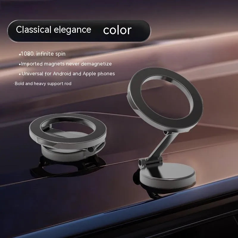 All-metal magnetic car phone mount with foldable design on vehicle dashboard
