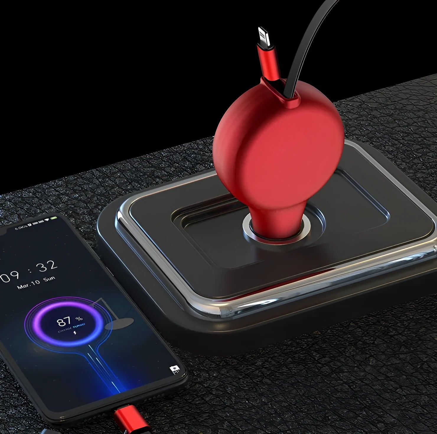 Retractable dual fast car charger with QC3.0 and PD outputs shown in vehicle cigarette lighter socket