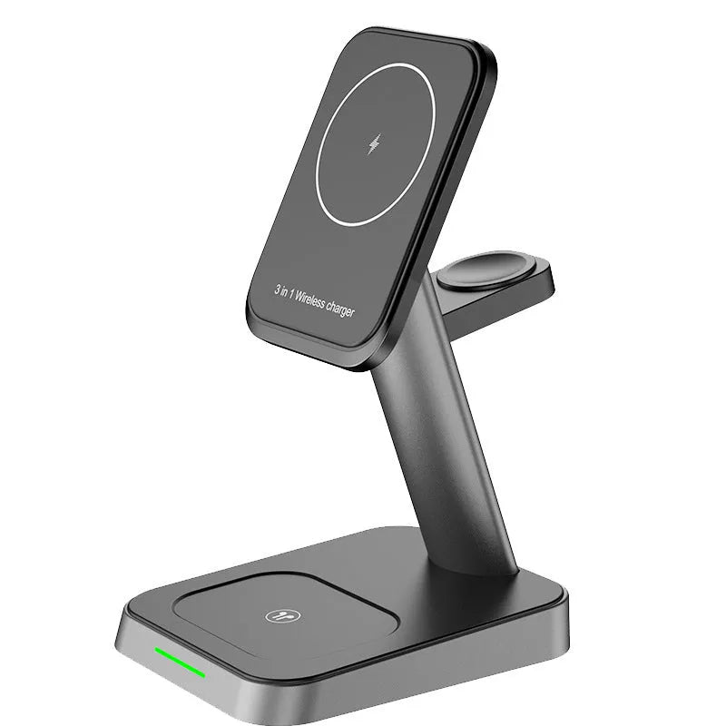 Black minimalist three-in-one wireless charger with vertical phone charging, Apple Watch pad, and 10000mAh power bank