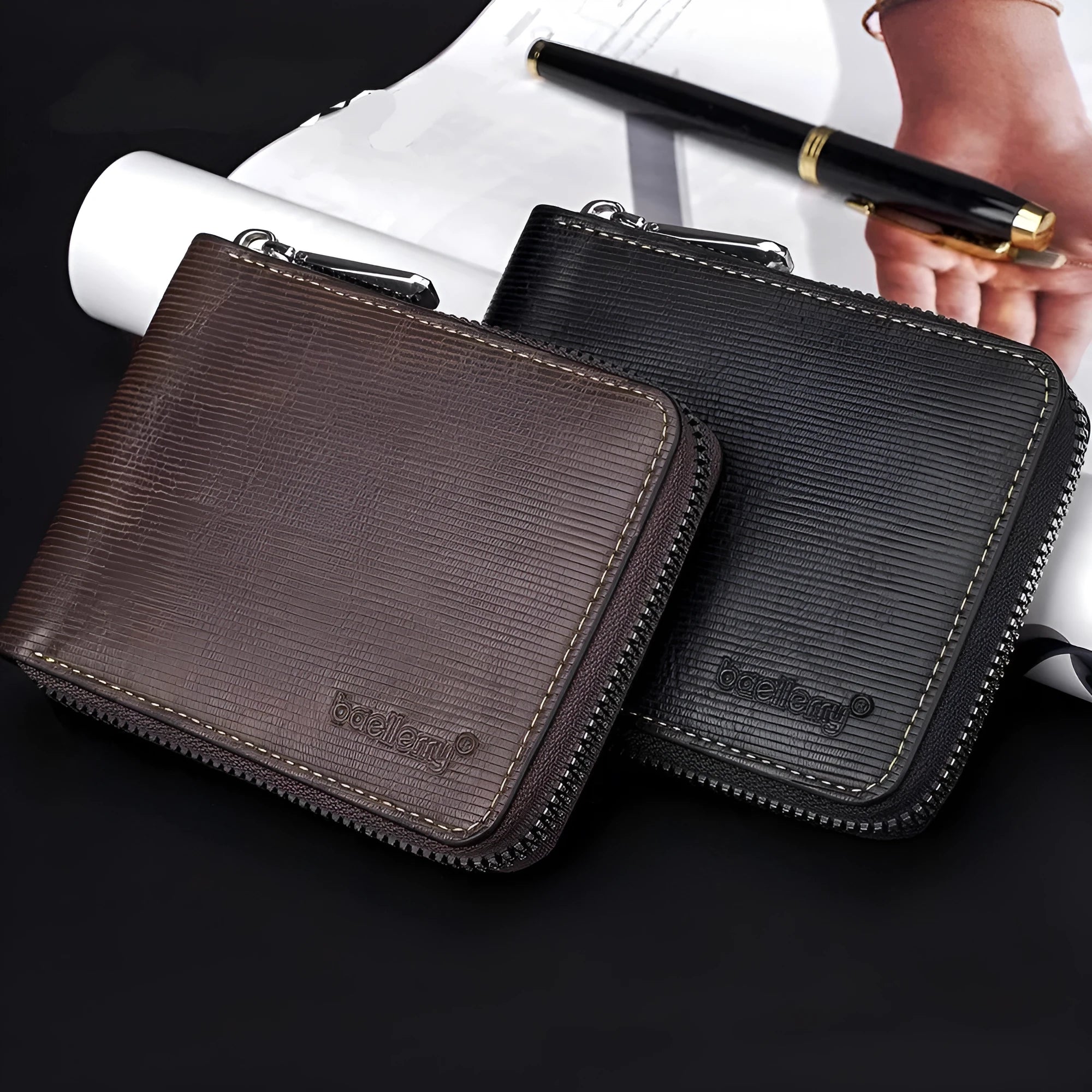 Black PU leather anti-theft zipper wallet with embossed design and closed zipper.
