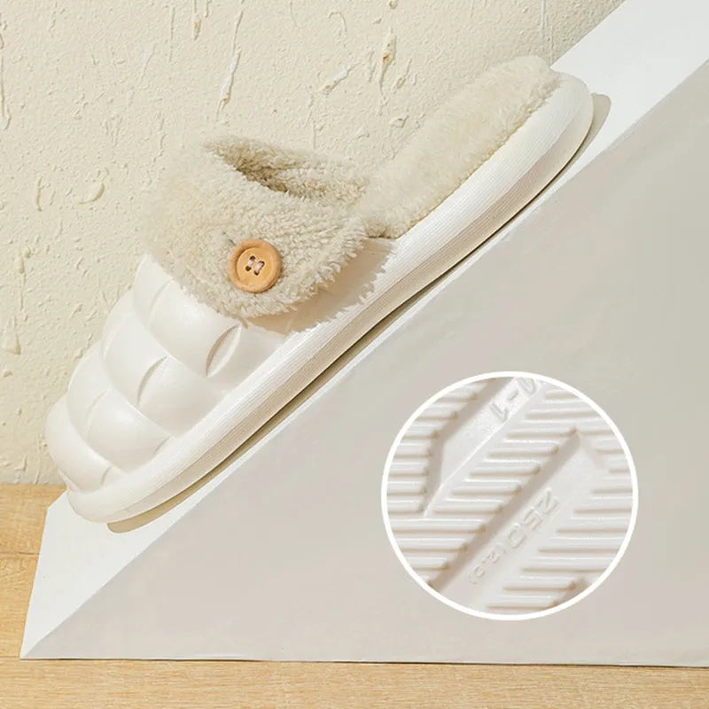 Plaid detachable EVA house slippers with plush lining, shown in assorted colours.