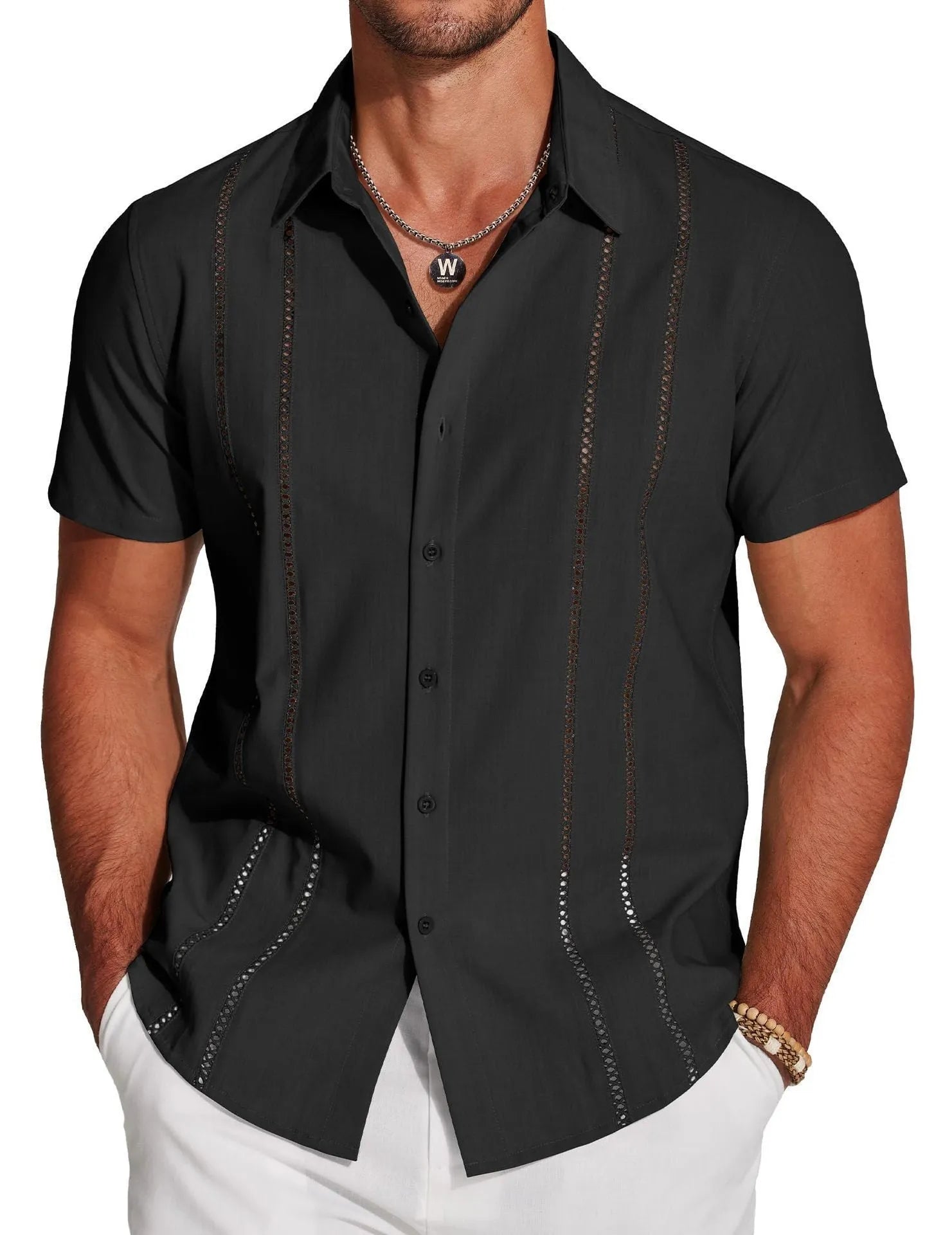 Men's slim-fit elastic Hawaiian shirt with digital print pattern in casual cardigan style