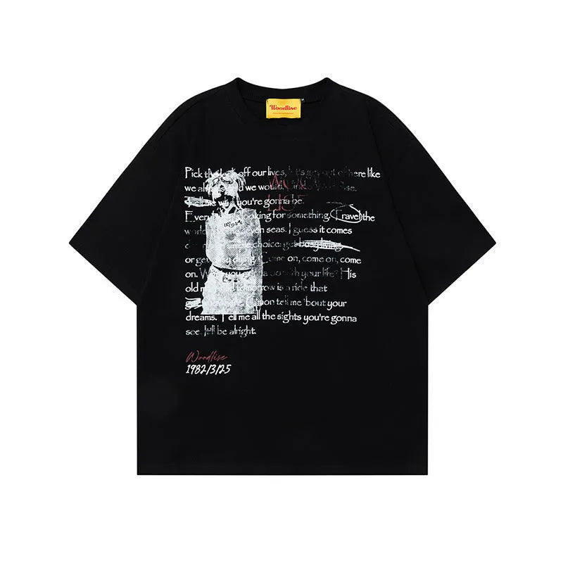 Men's black loose fit pure cotton T-shirt with white retro letter print and short raglan sleeves.