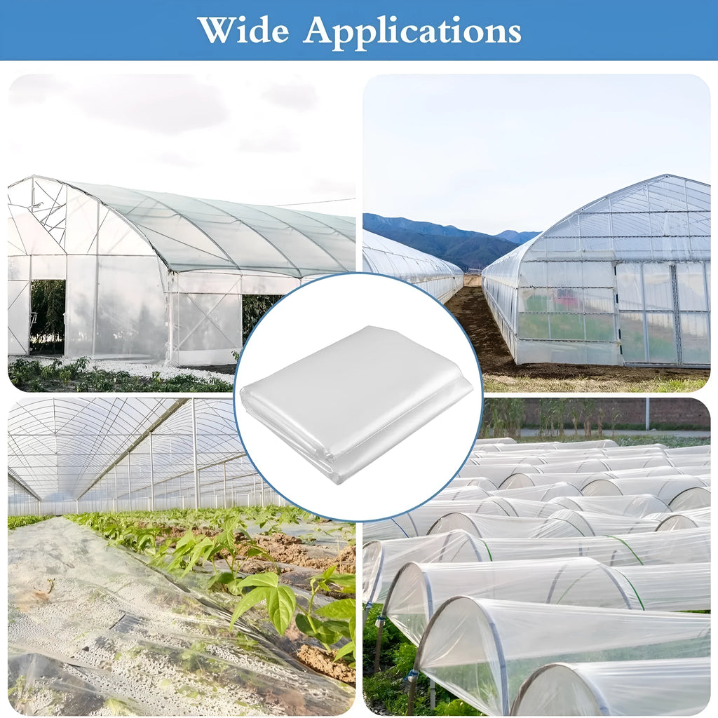 Roll of clear plastic greenhouse film for cold-proofing vegetable sheds, 4 metres by 8 metres.
