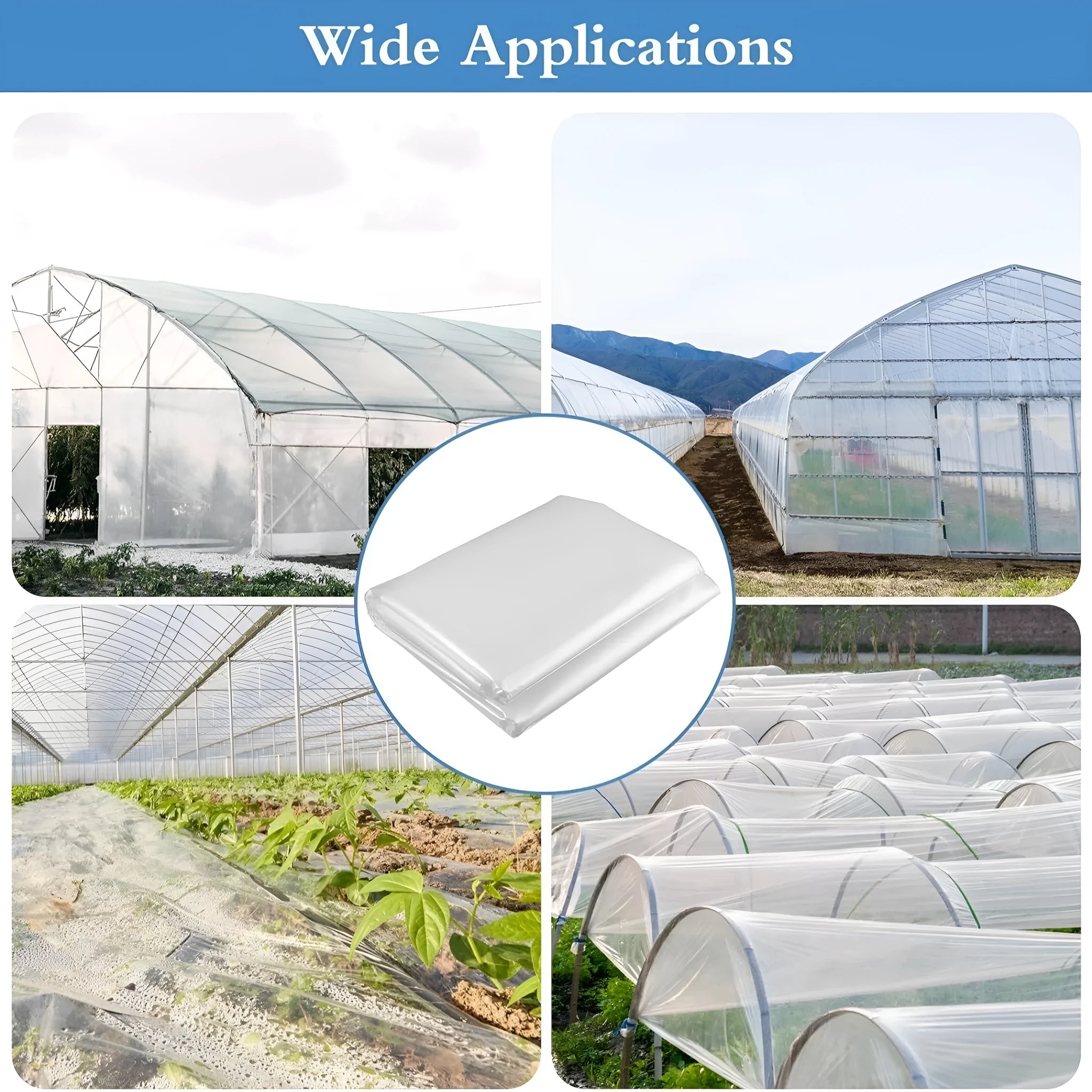 Roll of clear plastic greenhouse film for cold-proofing vegetable sheds, 4 metres by 8 metres.