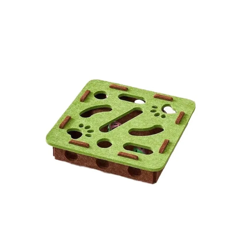 Square felt cat toy box with multiple entry holes for hide-and-seek play