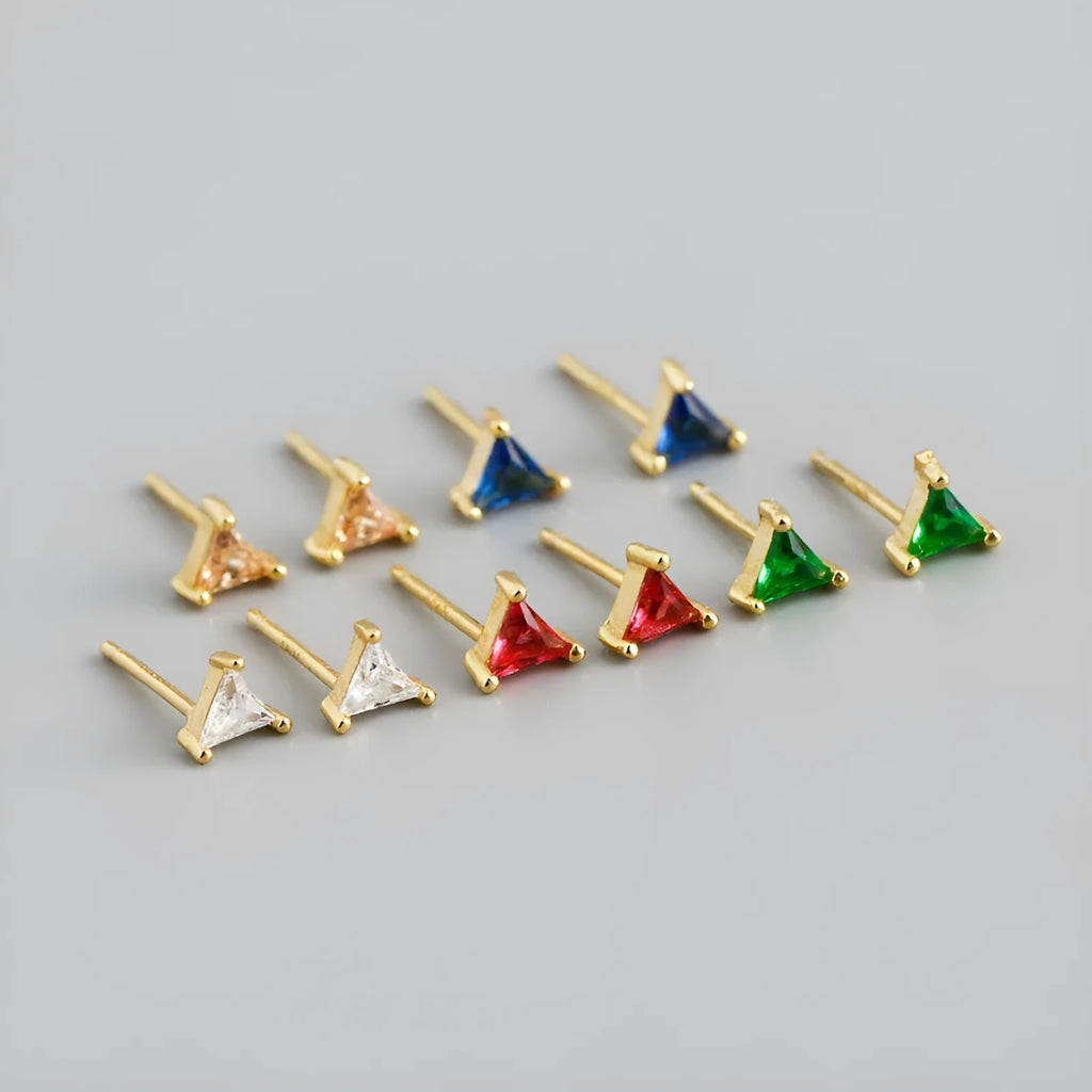 Pair of triangle colour zircon stud earrings in S925 silver on a white background