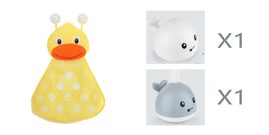 Blue and white whale bath toy with water spray and flashing lights for baby sensory play