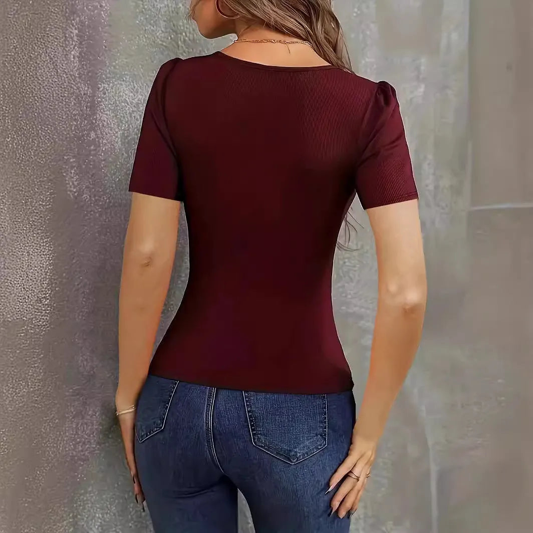 Women's low neck slim fit knitted short sleeve pullover in wine red colour