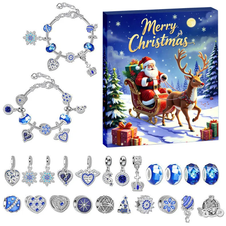 24 grid Christmas advent calendar countdown set with zinc alloy frame electroplated finish and bracelet blind box in flip vertical blue