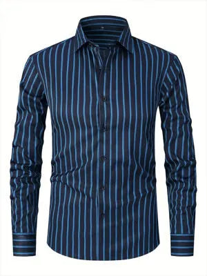 Men's slim fit striped long sleeve business shirt in ice silk polyester blend fabric