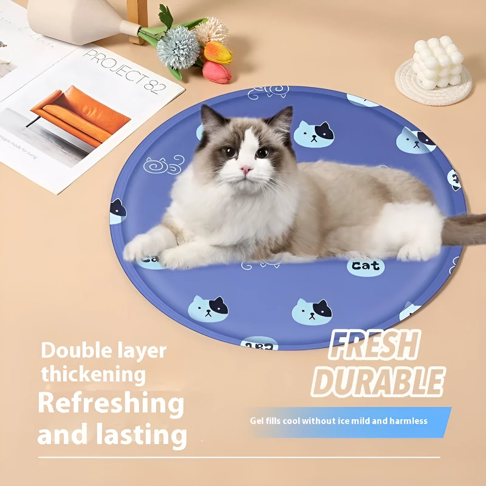 Round pet cooling mat with cartoon design, shown in beige bunny and blue cat patterns.