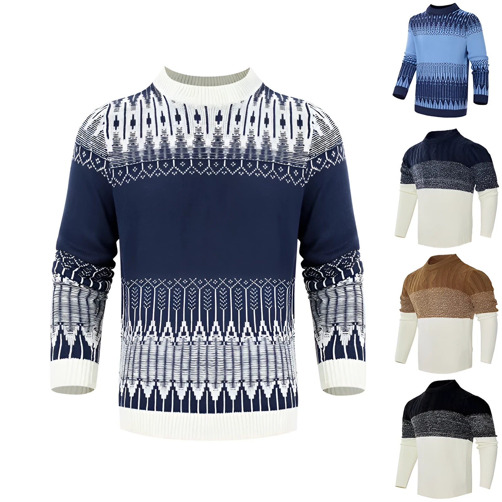 Men's knitted long-sleeve pullover sweater shown in multiple sizes and style variations.